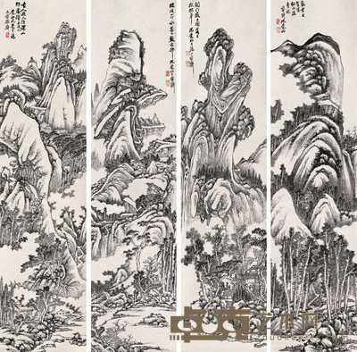 沈觉初 山水 四屏 150×37cm×4